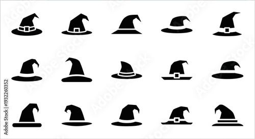 Collection of assorted witch hats in various styles and designs displayed together in a grid pattern.