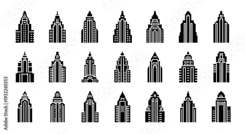 Collection of modern skyscraper illustrations in various architectural styles displayed together