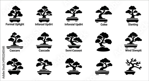 Various bonsai tree silhouettes showcasing different styles and pruning techniques in a grid layout