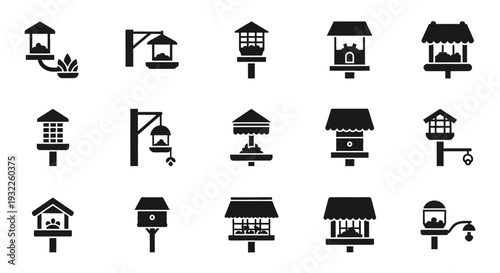 Collection of various birdhouse icons displayed in a grid pattern on a white background from a straightforward viewpoint