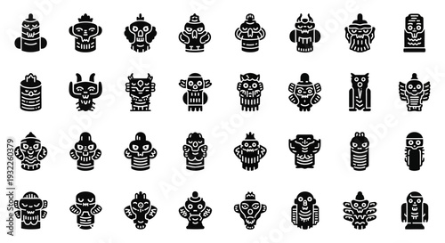 Collection of various robot icons in a grid pattern on a clean background viewed from a straightforward perspective