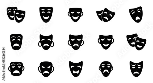 Collection of comedy and tragedy masks representing various emotions and performances displayed in a grid pattern