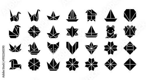 Collection of Origami Animals and Objects Illustrated in Black Silhouettes on a Clean Background from a Direct Viewpoint