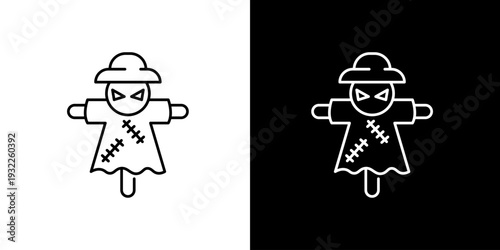 Halloween Scarecrow Silhouette Icon on Black and White Backgrounds, a Spooky Graphic Design Element
