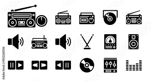 A collection of black and white icons representing various audio equipment and controls displayed on a clean background from a straightforward viewpoint