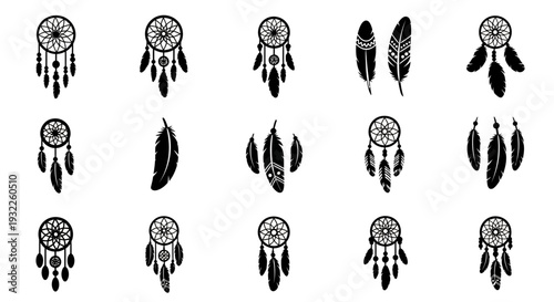 Collection of dreamcatcher illustrations in various designs and feather arrangements displayed on a clean white background