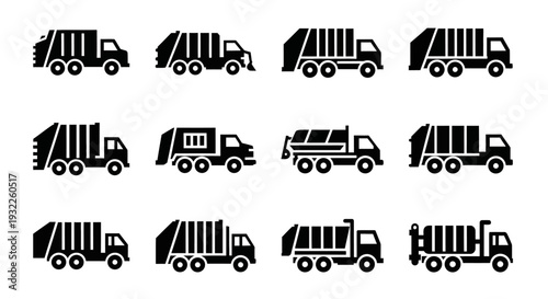 Collection of garbage trucks in various orientations and silhouettes viewed from the side