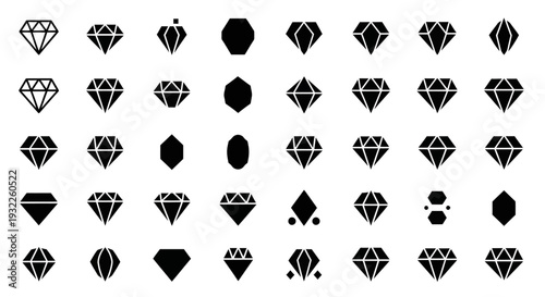 Collection of diamond icons and jewelry illustrations in various styles and shapes displayed