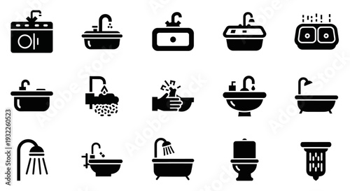 Collection of bathroom fixtures and appliances icons in black and white