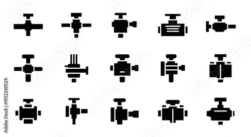 Collection of various industrial valve icons displayed in a grid arrangement on a plain background