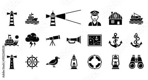 Collection of Navigation and Maritime Icons Featuring Lighthouse, Ship, Captain, Anchor, and Compass Symbols on a White Background Viewed from a Straight-On Perspective