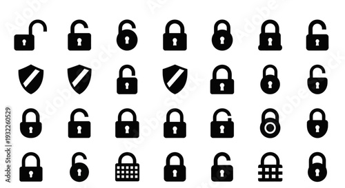 Collection of various black lock and shield icons on a plain white background displayed from a straightforward viewpoint