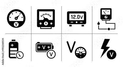 A grid of nine icons representing various electrical voltage measurement tools and symbols from different viewpoints