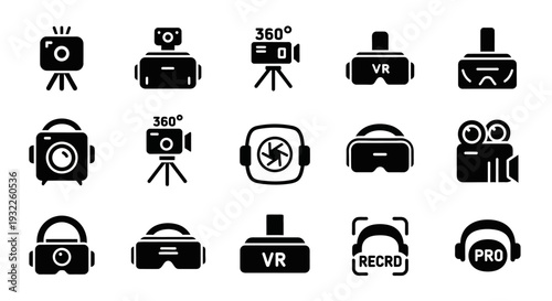 Collection of Virtual Reality and 360-Degree Camera Icons Representing Modern Technology and Media