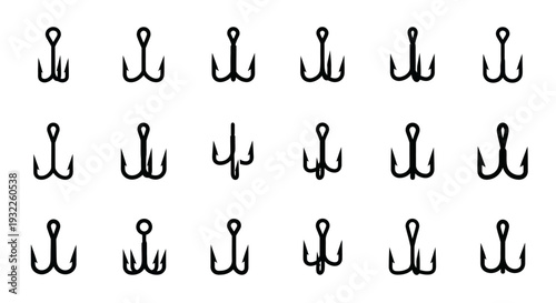 A grid of eighteen different fishing hook illustrations displayed on a clean white background from a straightforward viewpoint