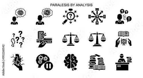 Collection of Black and White Icons Representing Paralysis by Analysis on a White Background