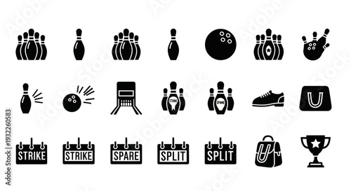 Collection of black bowling icons on a white background illustrating various bowling-related elements and terms from different viewpoints