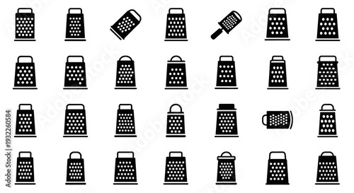 Collection of various grater icons displayed in a grid arrangement on a clean background from a direct viewpoint