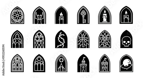Collection of Gothic arched window icons with various designs and symbols on a plain background