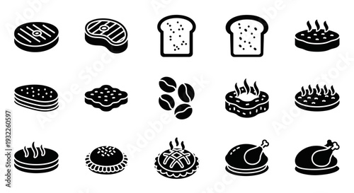 Assorted food icons featuring bread, cakes, and pastries displayed in a grid pattern on a simple background from a direct viewpoint