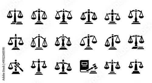 Collection of various scales and justice symbols illustration on white background viewed from front
