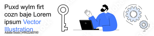 Digital security, data protection, access management, technology processes, industry concepts, online communication. A person at a laptop with a key and gear elements. Digital security and data