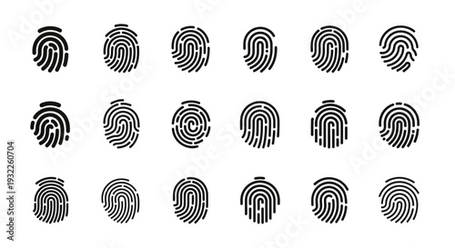 Collection of diverse fingerprint icons displayed in a grid layout on a clean background from a direct viewpoint
