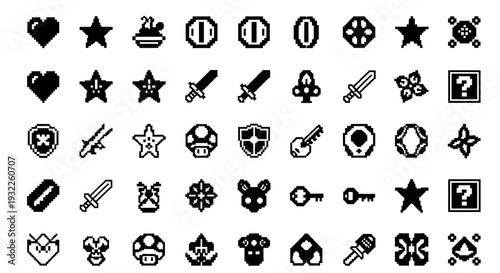 Collection of Various Black Icons on White Background Representing Different Symbols and Objects