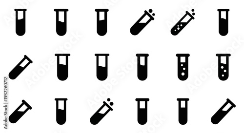 Collection of laboratory equipment icons, test tubes at different angles, scientific tools, black silhouettes on a plain background, viewed from directly above