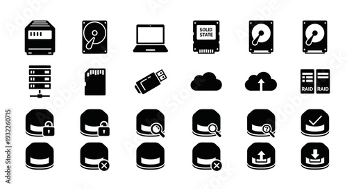 Collection of various computer and technology related icons displayed on a clean and simple white background from a straightforward viewpoint