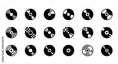 Collection of diverse vinyl record icons displayed in a grid pattern against a clean white background from a straightforward viewpoint