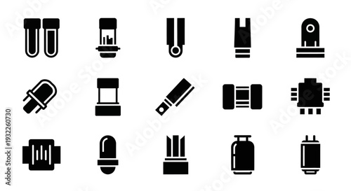 Collection of scientific instruments and laboratory equipment icons displayed in a grid pattern on a white background