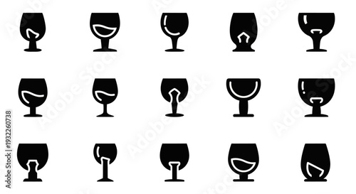 Collection of wine glass silhouettes in various states of fullness arranged in a grid pattern on a plain background from a direct viewpoint