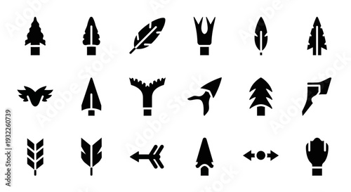 Collection of various black silhouettes of plants and objects isolated on a plain background from a direct viewpoint