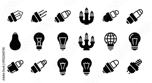 Collection of various light bulb and pencil icons displayed together in a grid arrangement on a clean background