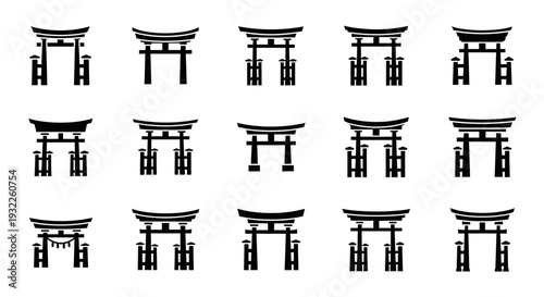 Collection of traditional Japanese Torii gates in a grid pattern illustration