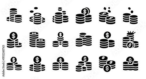 Stacks of currency icons in various configurations on a plain background