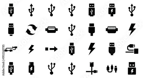 Collection of Various Black Technology and Electronics Icons on White Background
