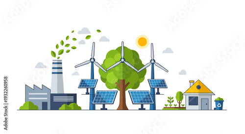 Vector illustration of eco-friendly cityscape with renewable energy sources