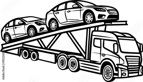 Tow truck transporting damaged car on flatbed for repair or salvage vehicle recovery service