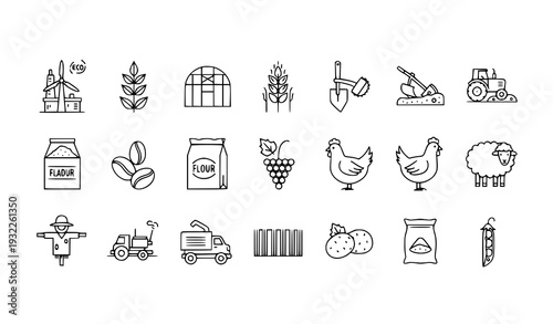 Modern Rural Farming Outline Icons – Crop Cultivation and Livestock Thin Line Vector Pack