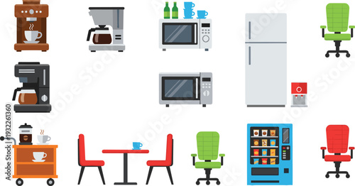 Collection of coffee machines, kitchen appliances, office chairs and vending machine icons isolated on white background, modern flat vector illustration set