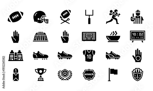 American Football Solid Icon Set – Helmet, Player, Goal Post, Referee, Trophy and Equipment Glyph Vector
