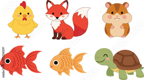 Collection of cute cartoon animal illustrations featuring a yellow chick, red fox, hamster, goldfish and a smiling green turtle isolated on white background