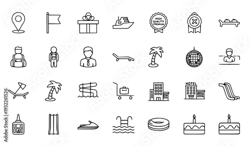 Thin Line Travel and Vacation Icon Set – Hotel Tourist Aquapark and Holiday Vector Collection