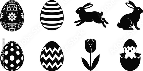 Collection of Easter holiday vector silhouettes featuring decorative eggs, jumping rabbits, a spring tulip flower and a cute baby chick hatching from an egg