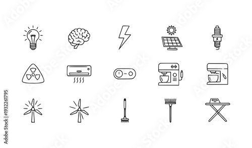 Modern Electricity and Smart Home Outline Icons – Renewable Energy and Appliance Thin Line Vector Pack