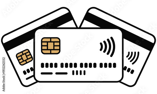 Illustration of three credit cards with chip and contactless payment symbol on white background, suitable for financial and banking concepts.