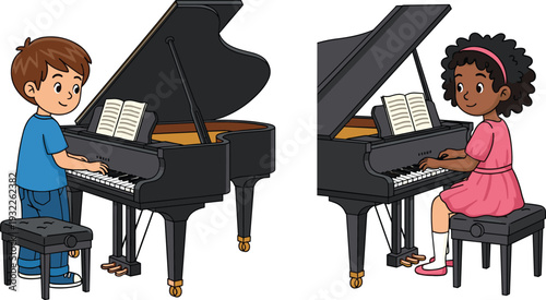 Cute Cartoon Illustration of a Young Boy and Girl Playing Grand Piano with Sheet Music Representing Music Education Piano Lessons Childhood Hobbies and Talented Kids