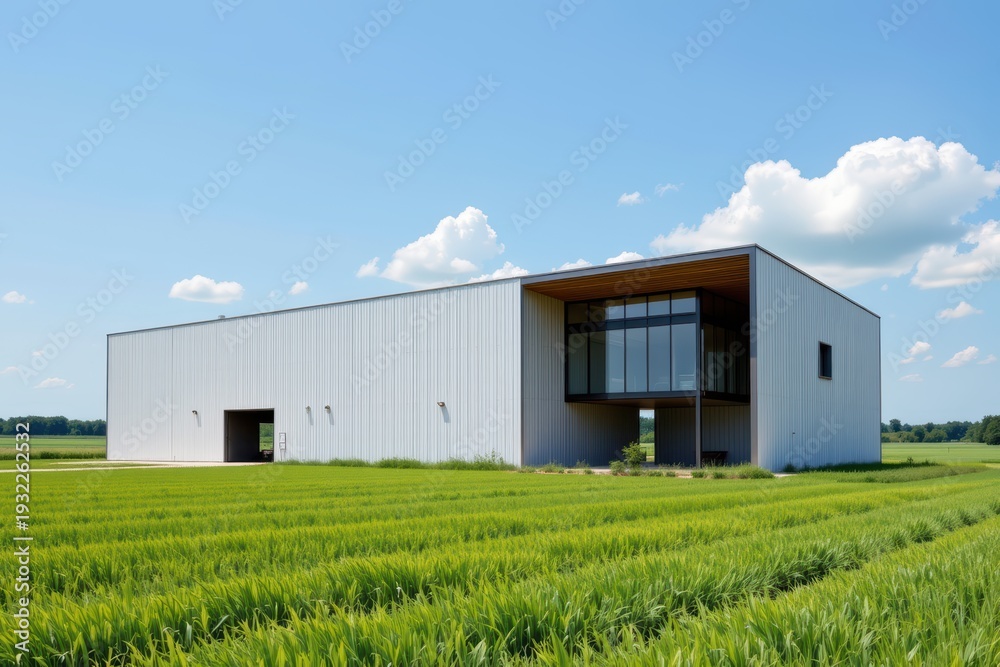 Obraz premium Modern industrial building with metal siding surrounded by green grass under blue sky.
